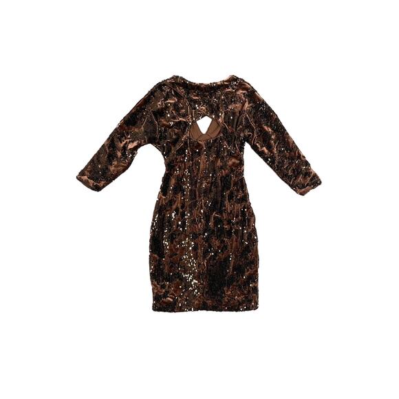 NWT Ciebon Chocolate Brown Burnout Velvet Sequin Long Sleeve Dress Women SZ XS - Picture 2 of 5